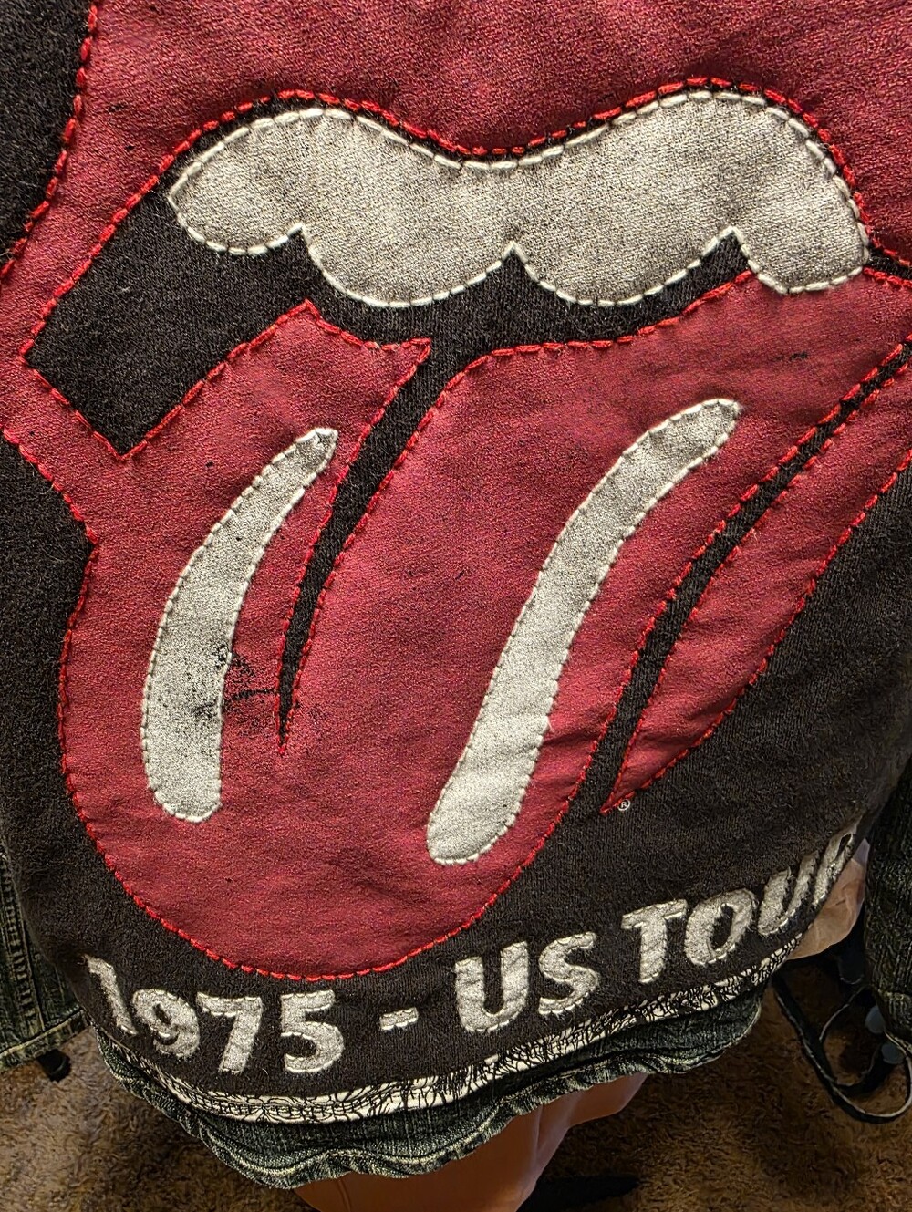 HAND CRAFTED Jacket UPCYCLED Blue Denim Embroidered Rolling Stones Tee Size L - Picture 7 of 13